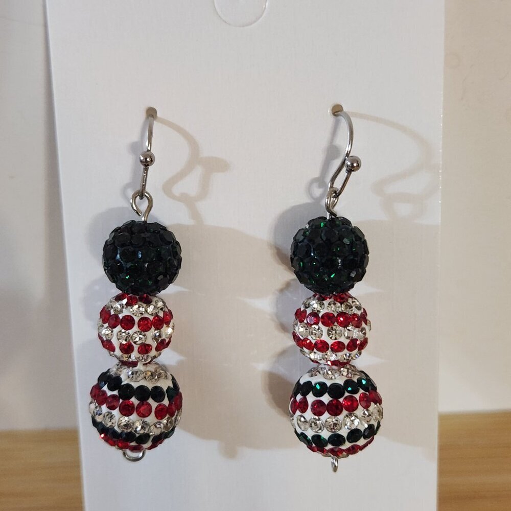 Hand Crafted Earrings Dangle Pierced Rhinestone Green Red Silver Christmas 1 1/2 - Picture 6 of 6